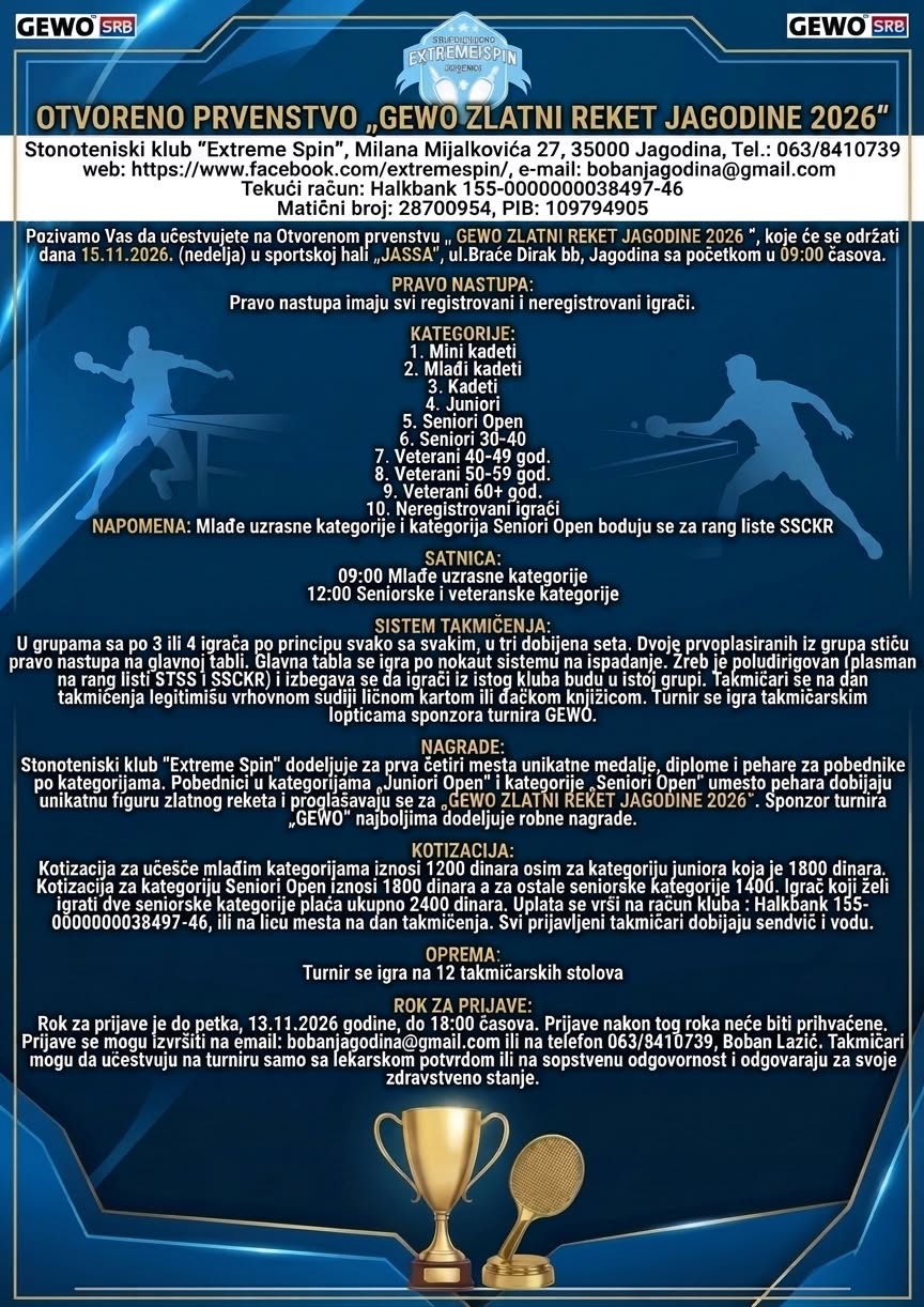 Gewo Zlatni Reket Jagodine 2026